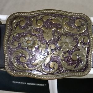 Womens Italy Sparkle Purple Flower Buckle Leather Belt Size M